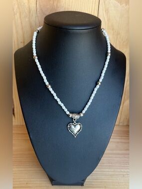 Handcrafted White Bead Necklace with Heart Pendant -